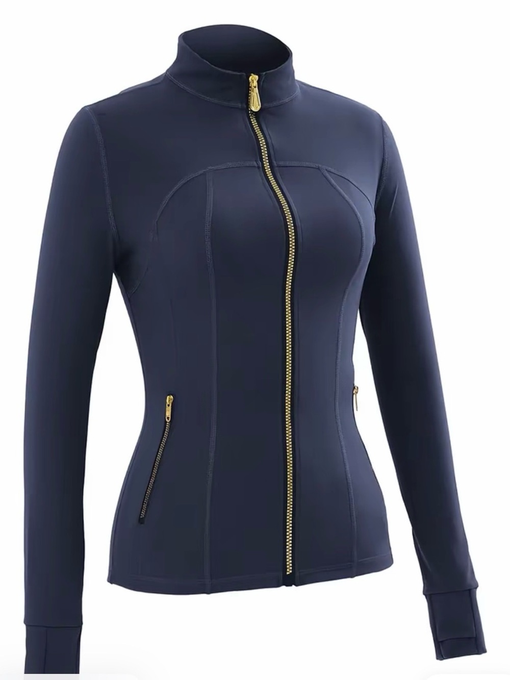 Women’s Navy Fitted Zip-Front Utility Jacket with Gold Hardware